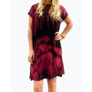 LuLaRoe Womens Chelsea Burgundy & Black Tie-Dye Short Sleeve T-Shirt Dress Large